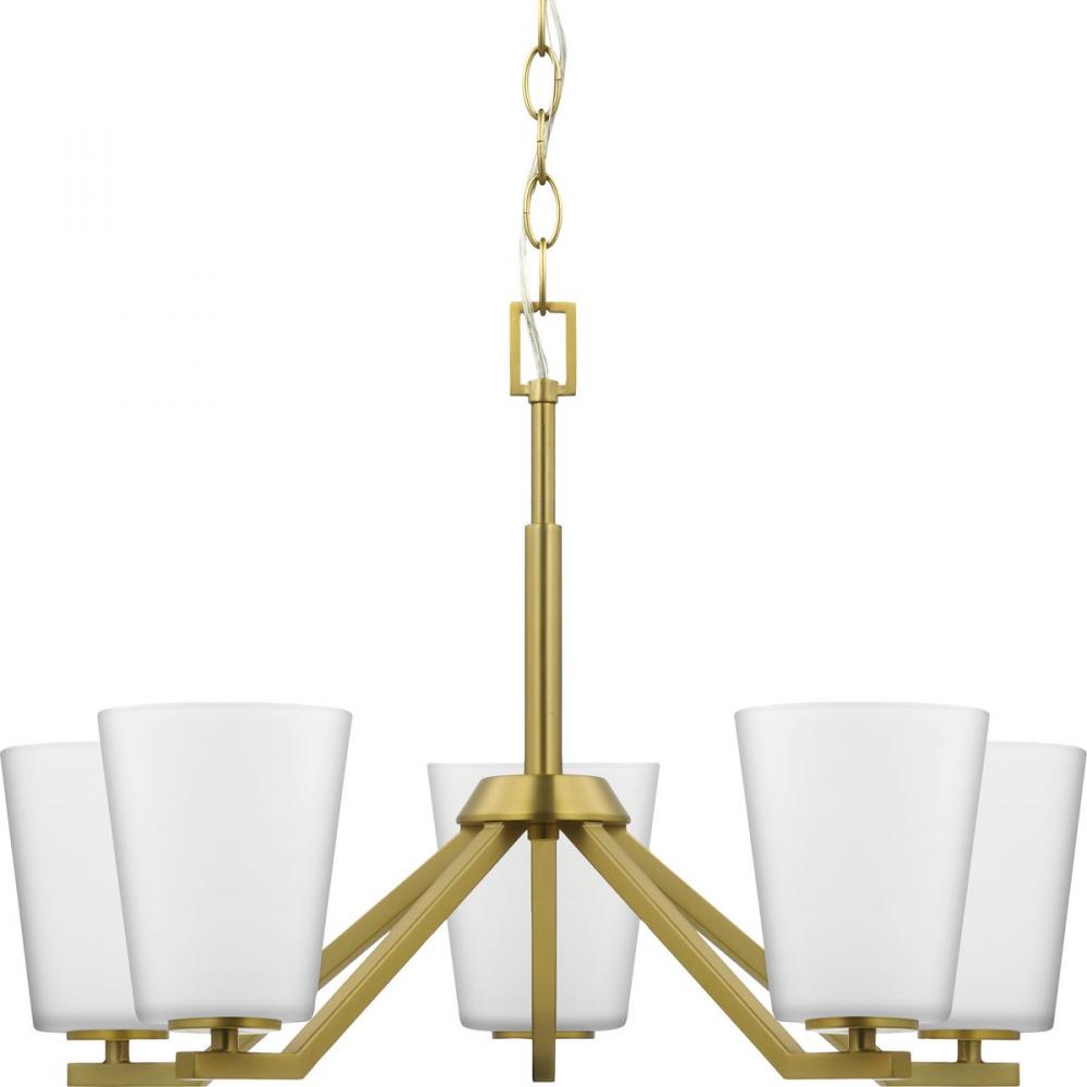 Vertex Collection Five-Light Brushed Gold Etched White Contemporary Chandelier