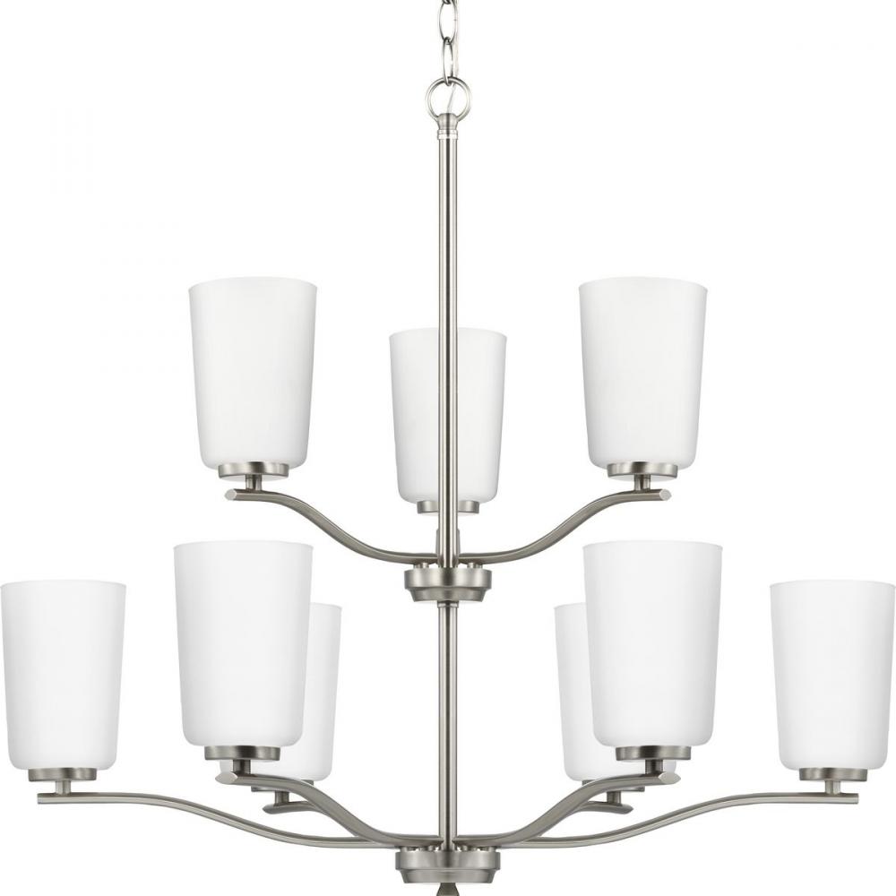 Adley Collection Nine-Light Brushed Nickel Etched White Opal Glass New Traditional Chandelier