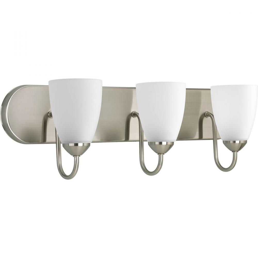 Gather Collection Three-Light Brushed Nickel Etched Glass Traditional Bath Vanity Light