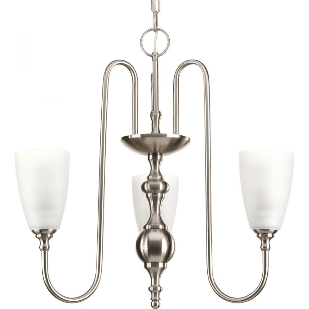 Three-light chandelier finished in brushed nickel with etched glass.