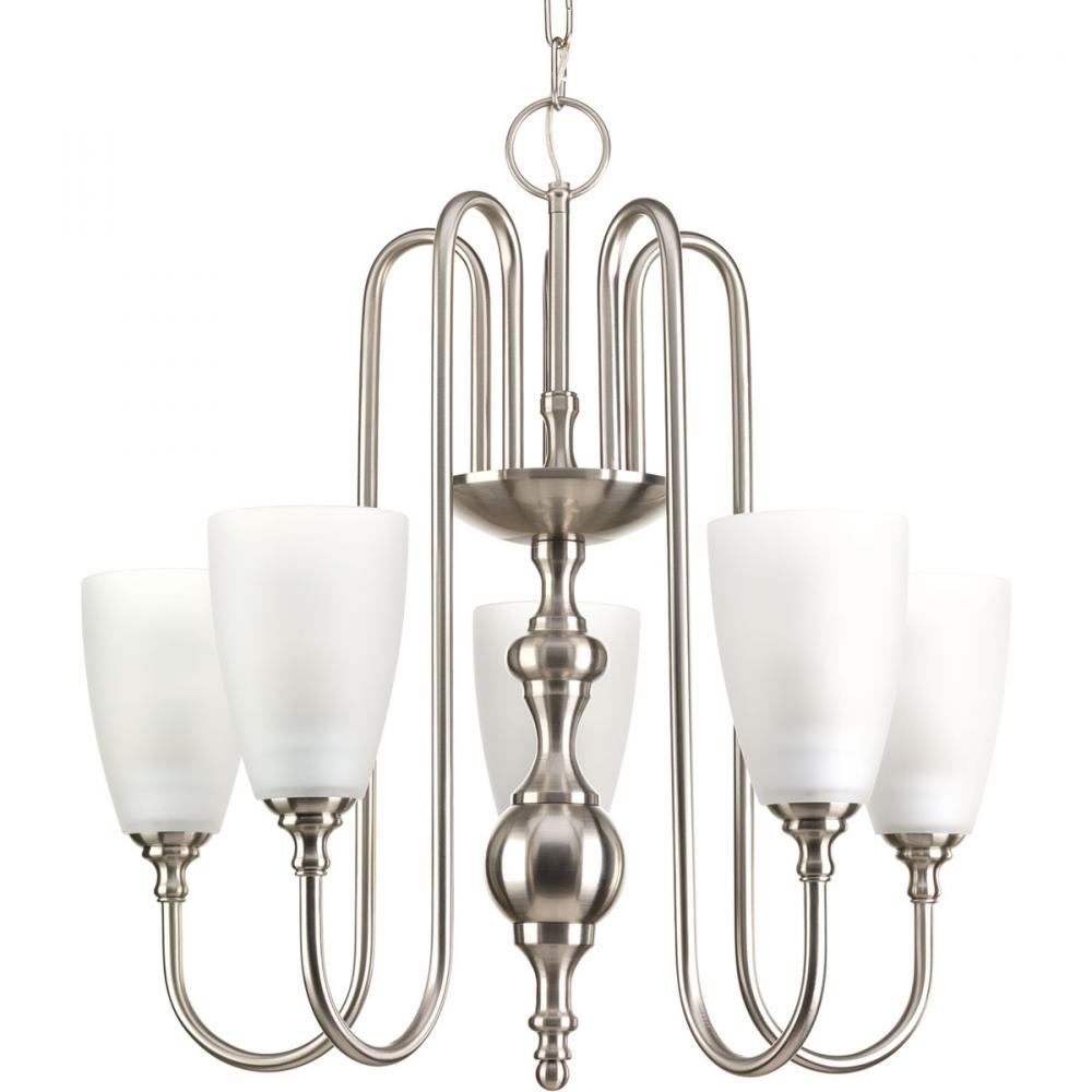 Five-light chandelier finished in brushed nickel with etched glass.