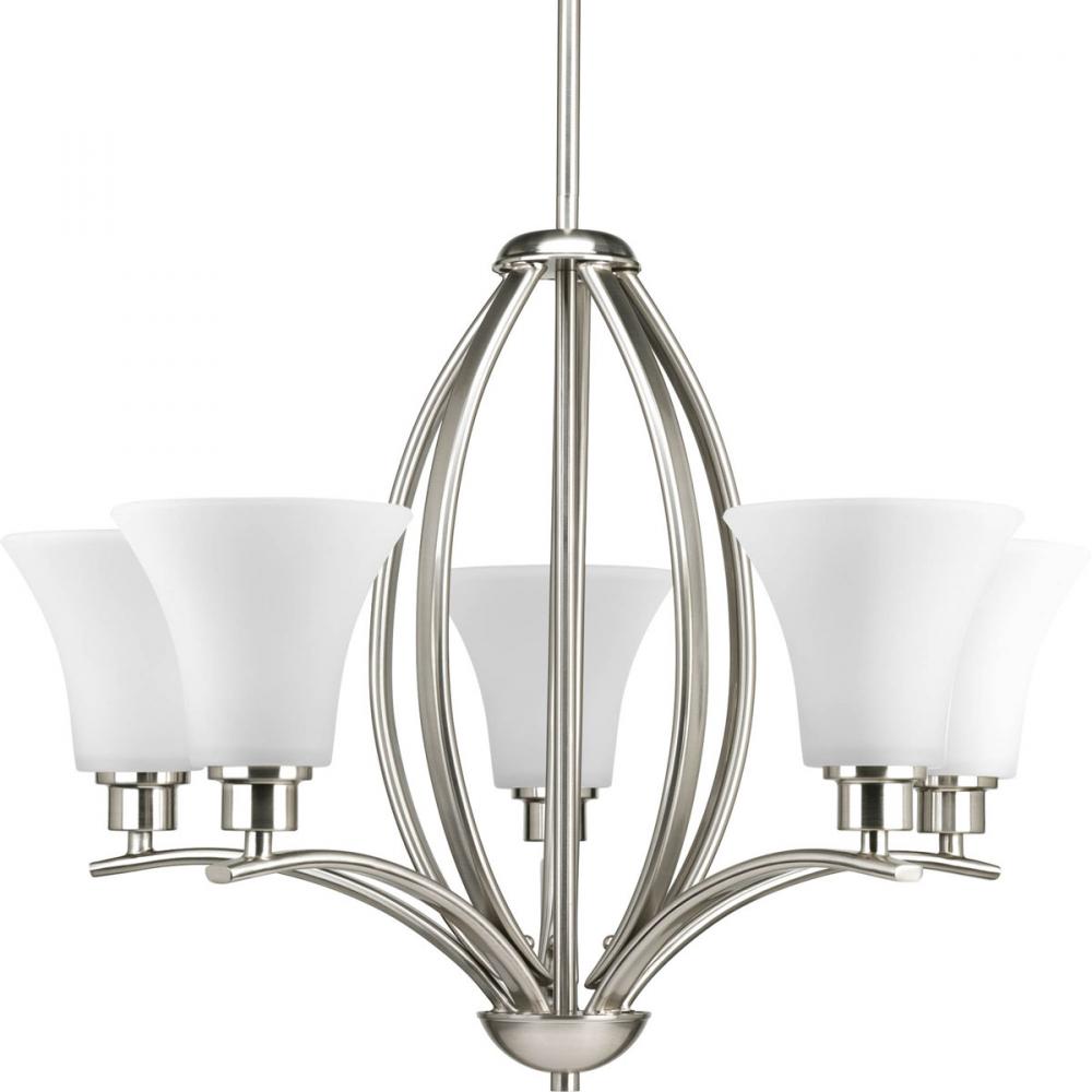Joy Collection Five-Light Brushed Nickel Etched White Inside Glass Traditional Chandelier Light