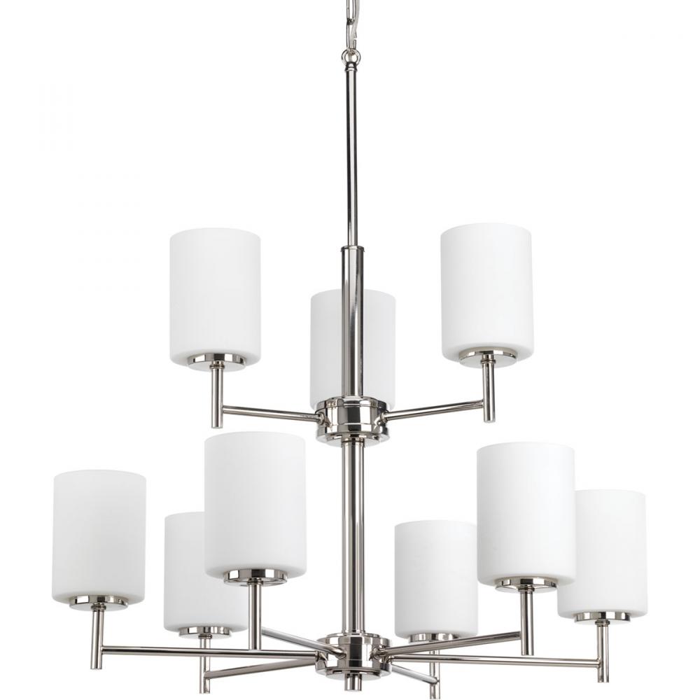 Replay Collection Nine-Light Polished Nickel Etched Painted White Glass Modern Chandelier Light