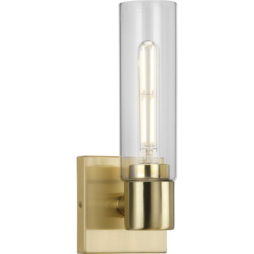 Clarion Collection One-Light Satin Brass and Clear Glass Modern Style Bath Vanity Wall Light