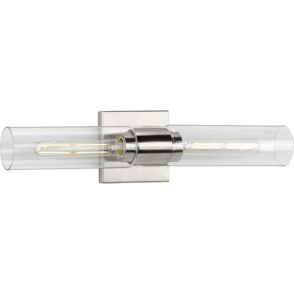 Clarion Collection Two-Light Brushed Nickel and Clear Glass Modern Style Bath Vanity Wall Light