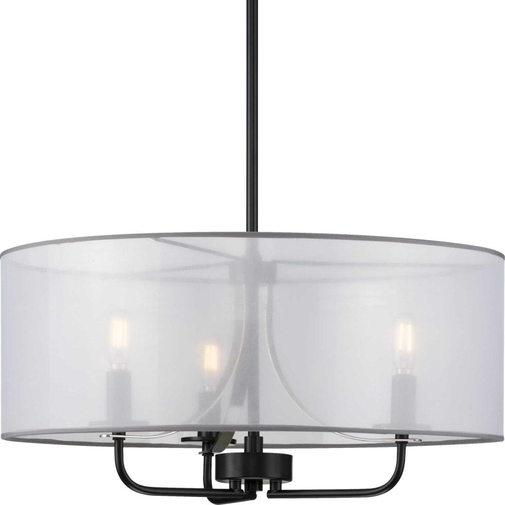 Riley Collection Three-Light Matte Black Organza Shade New Traditional Pendant Light