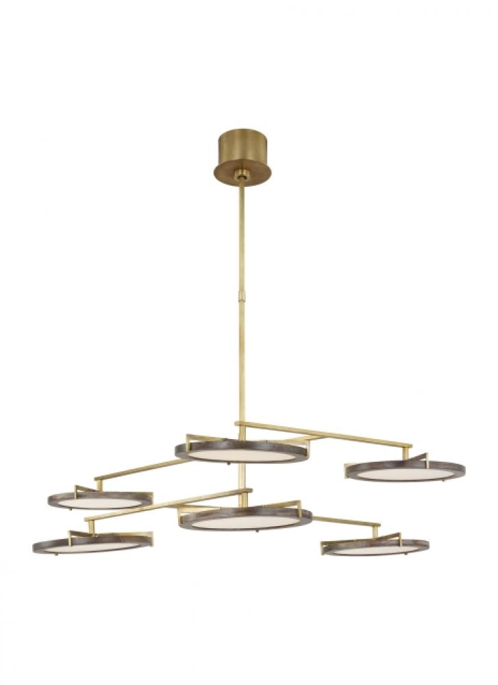 The Shuffle Large 6-Light Damp Rated Integrated Dimmable LED Ceiling Chandelier in Natural Brass