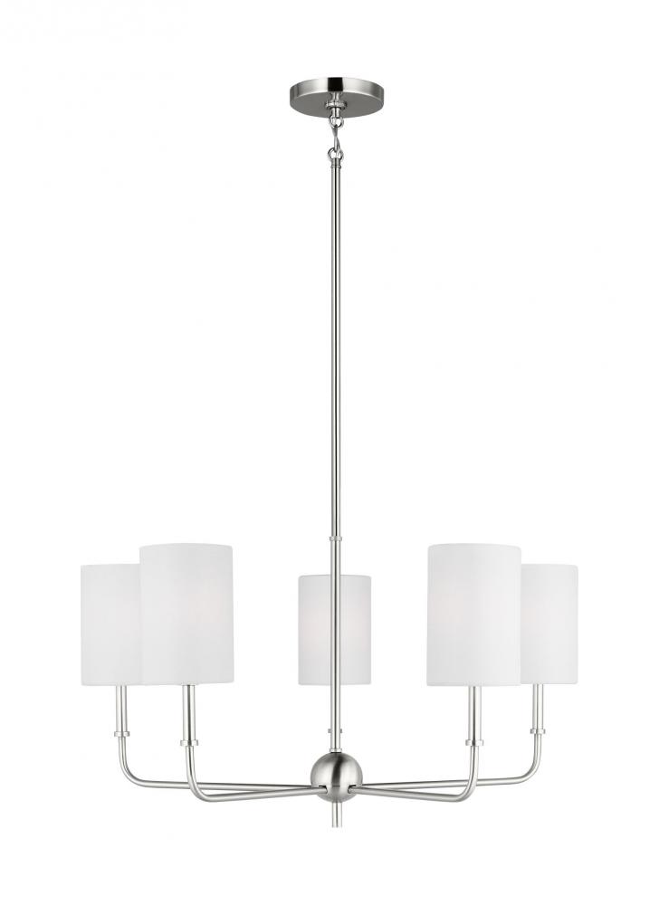 Foxdale transitional 5-light LED indoor dimmable chandelier in brushed nickel silver finish with whi