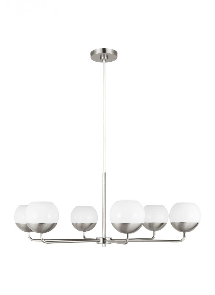 Alvin modern 6-light indoor dimmable chandelier in brushed nickel silver finish with white milk glas