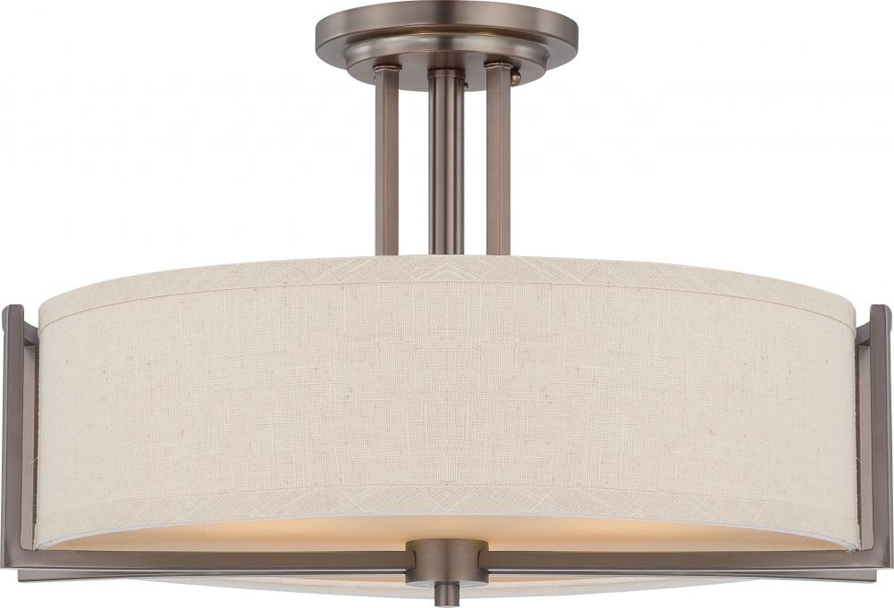 Gemini - 3 Light Semi Flush with Khaki Fabric Shade - Hazel Bronze Finish