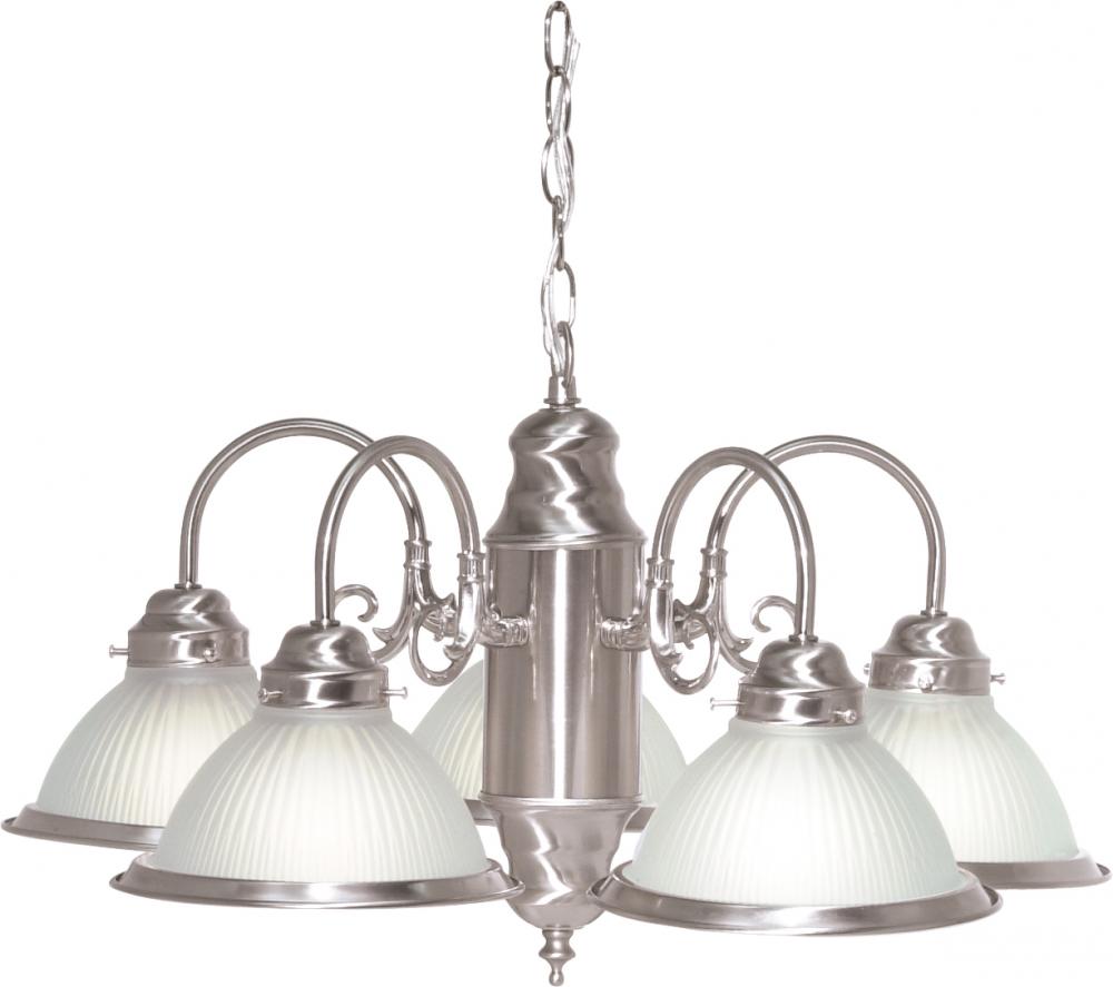 5 Light - Chandelier with Frosted Ribbed Glass - Brushed Nickel Finish